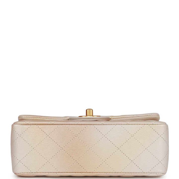 Top Quality Chanel Mini Rectangular Flap Bag Beige Metallic Ombre Calfskin Aged Gold Hardware
