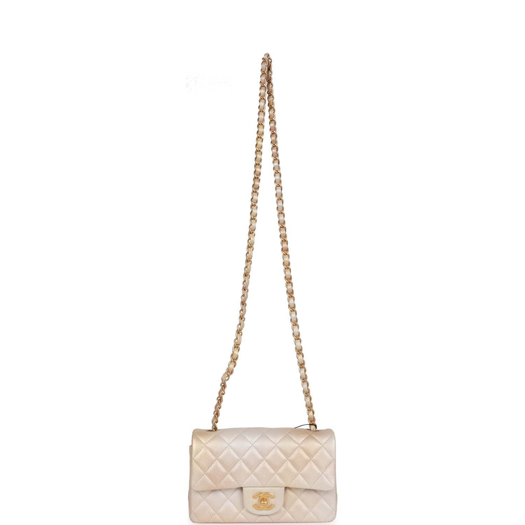 Top Quality Chanel Mini Rectangular Flap Bag Beige Metallic Ombre Calfskin Aged Gold Hardware