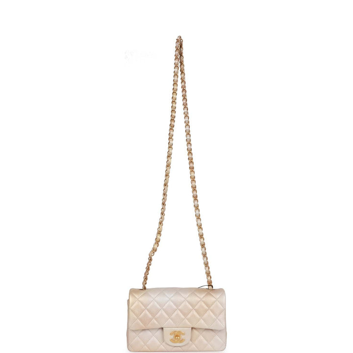 Top Quality Chanel Mini Rectangular Flap Bag Beige Metallic Ombre Calfskin Aged Gold Hardware