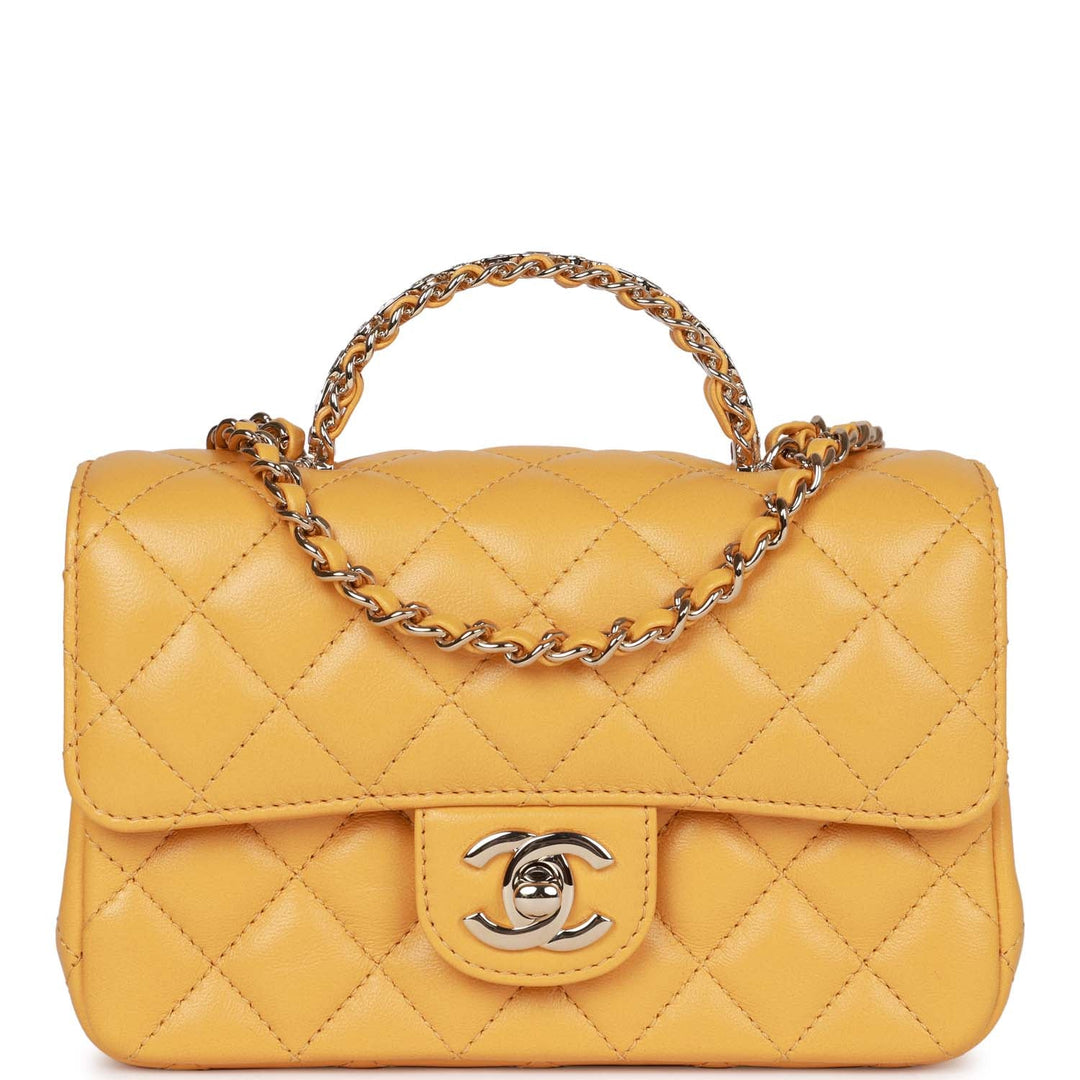 Top Quality Chanel Mini Rectangular Flap with Jeweled Top Handle Yellow Lambskin Light Gold Hardware
