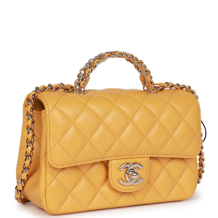Top Quality Chanel Mini Rectangular Flap with Jeweled Top Handle Yellow Lambskin Light Gold Hardware