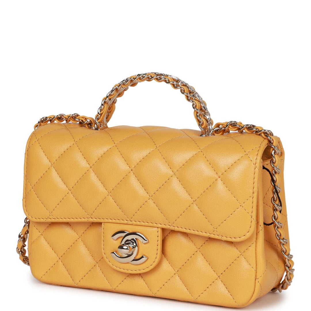 Top Quality Chanel Mini Rectangular Flap with Jeweled Top Handle Yellow Lambskin Light Gold Hardware