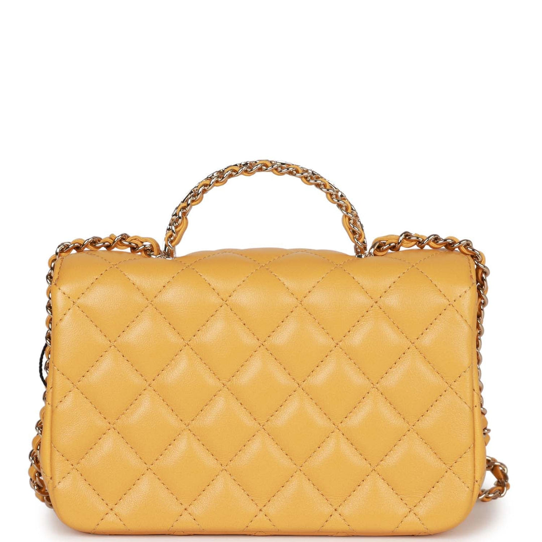 Top Quality Chanel Mini Rectangular Flap with Jeweled Top Handle Yellow Lambskin Light Gold Hardware