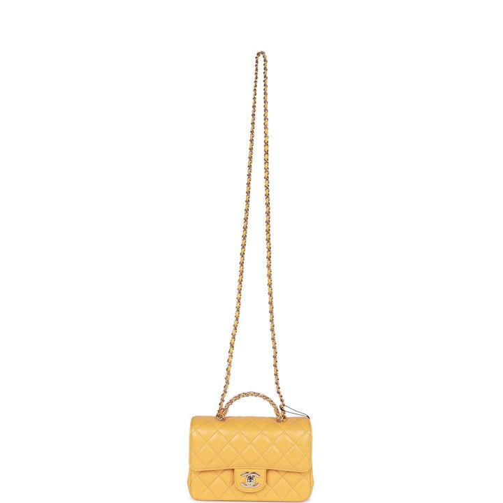Top Quality Chanel Mini Rectangular Flap with Jeweled Top Handle Yellow Lambskin Light Gold Hardware