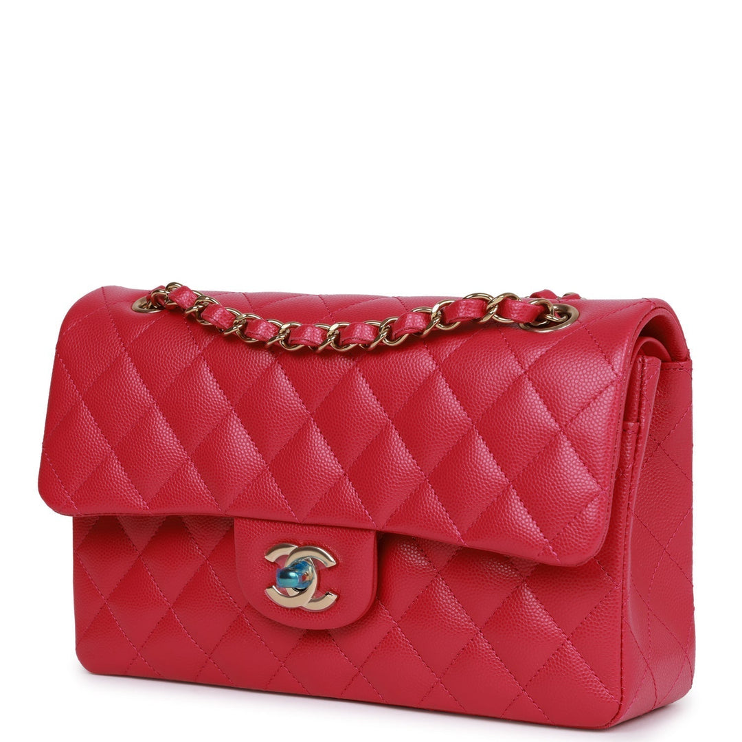 Top Quality Chanel Small Classic Double Flap Fuchsia Caviar Light Gold Hardware