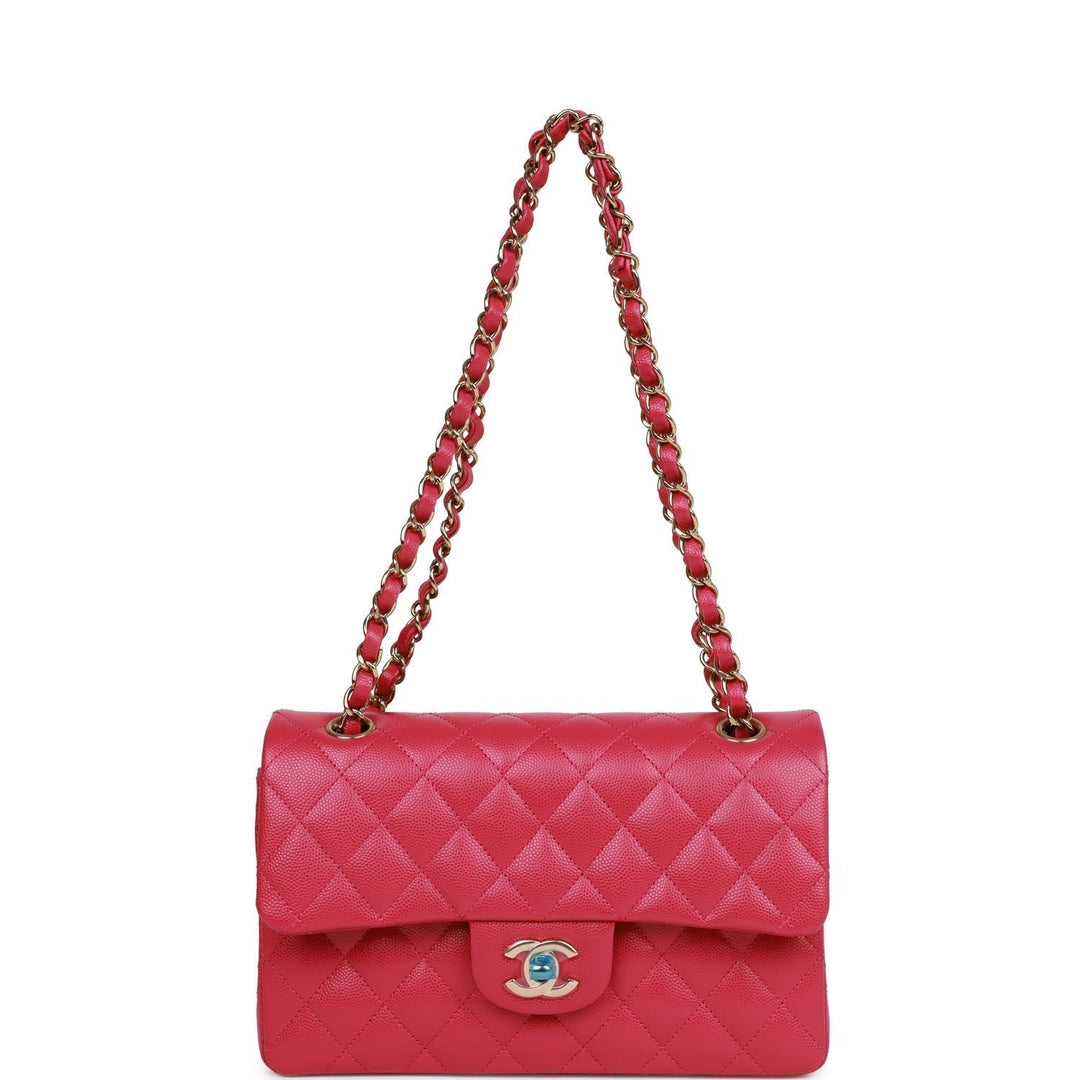 Top Quality Chanel Small Classic Double Flap Fuchsia Caviar Light Gold Hardware