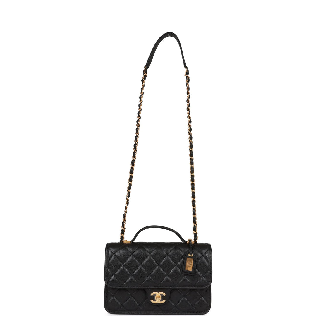 Top Quality Chanel School Memory Top Handle Flap Bag Black Caviar Antique Gold Hardware
