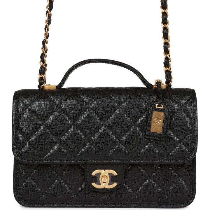Top Quality Chanel School Memory Top Handle Flap Bag Black Caviar Antique Gold Hardware