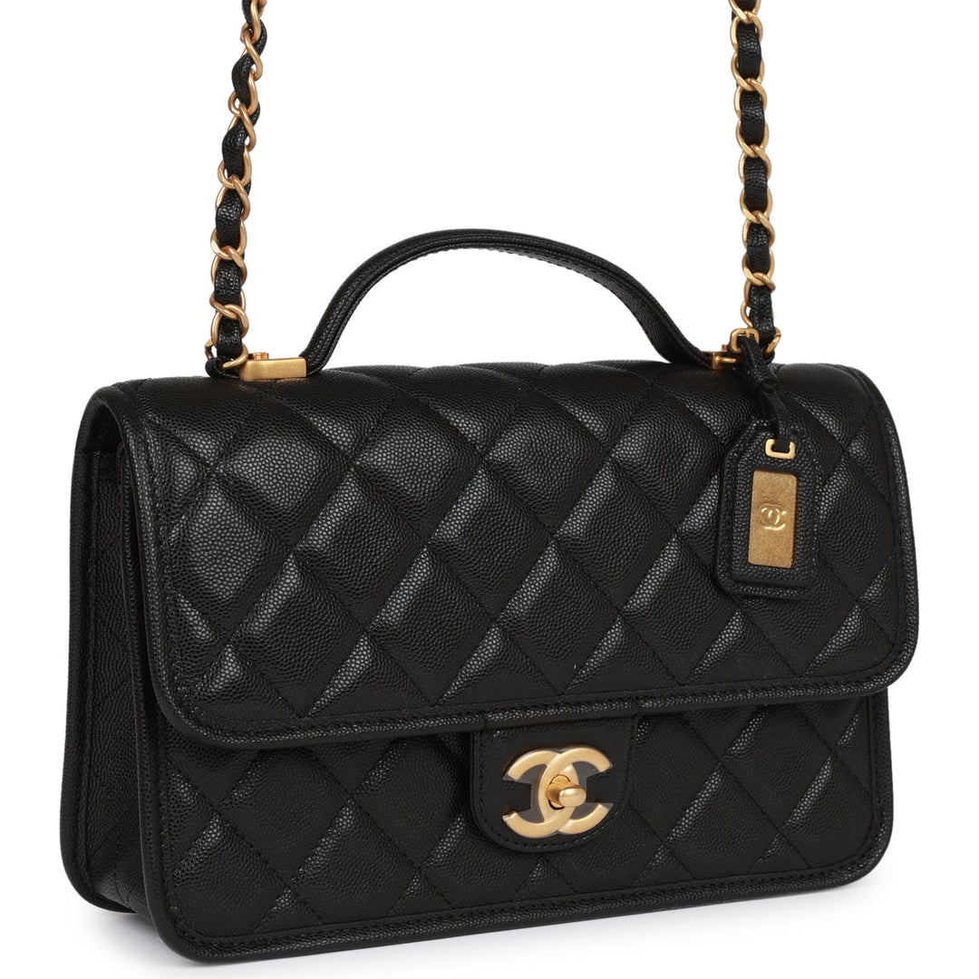 Top Quality Chanel School Memory Top Handle Flap Bag Black Caviar Antique Gold Hardware