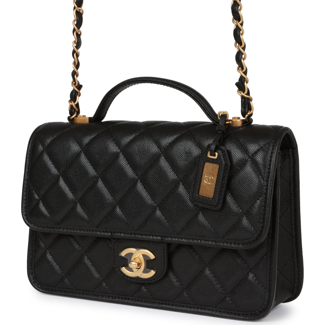 Top Quality Chanel School Memory Top Handle Flap Bag Black Caviar Antique Gold Hardware