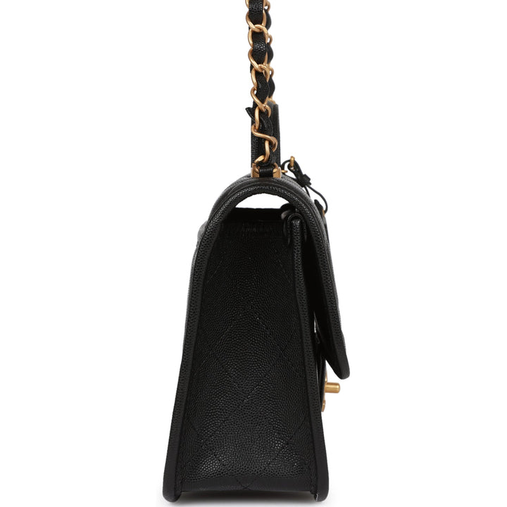Top Quality Chanel School Memory Top Handle Flap Bag Black Caviar Antique Gold Hardware