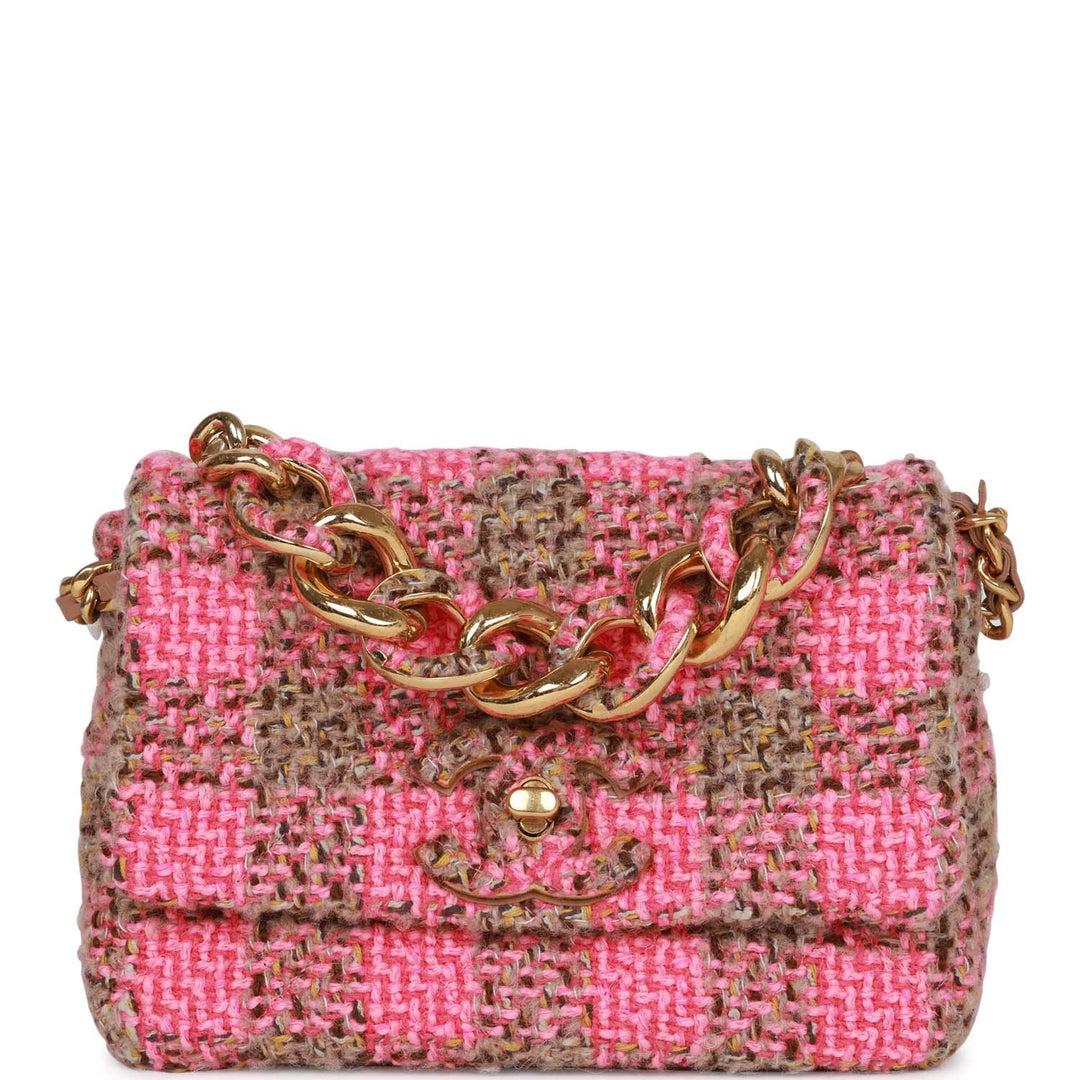 Top Quality Chanel Small Elegant Chain Flap Bag Pink and Beige Tweed Gold Hardware