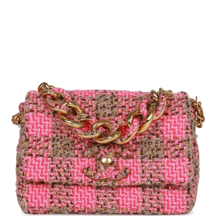 Top Quality Chanel Small Elegant Chain Flap Bag Pink and Beige Tweed Gold Hardware