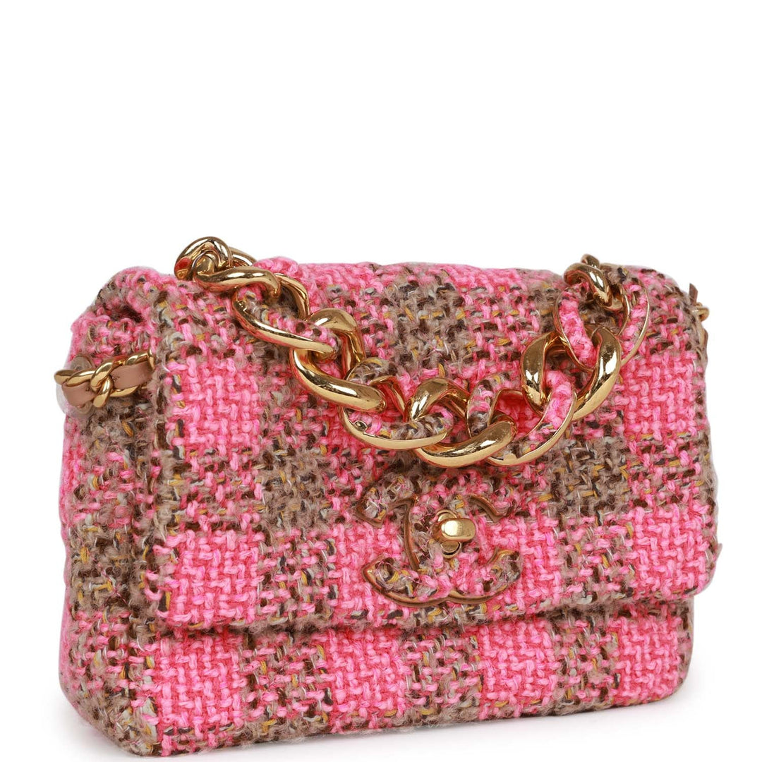 Top Quality Chanel Small Elegant Chain Flap Bag Pink and Beige Tweed Gold Hardware