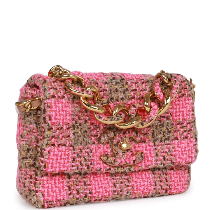 Top Quality Chanel Small Elegant Chain Flap Bag Pink and Beige Tweed Gold Hardware