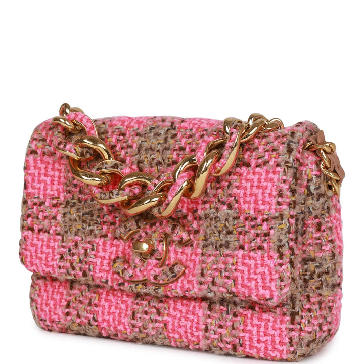 Top Quality Chanel Small Elegant Chain Flap Bag Pink and Beige Tweed Gold Hardware
