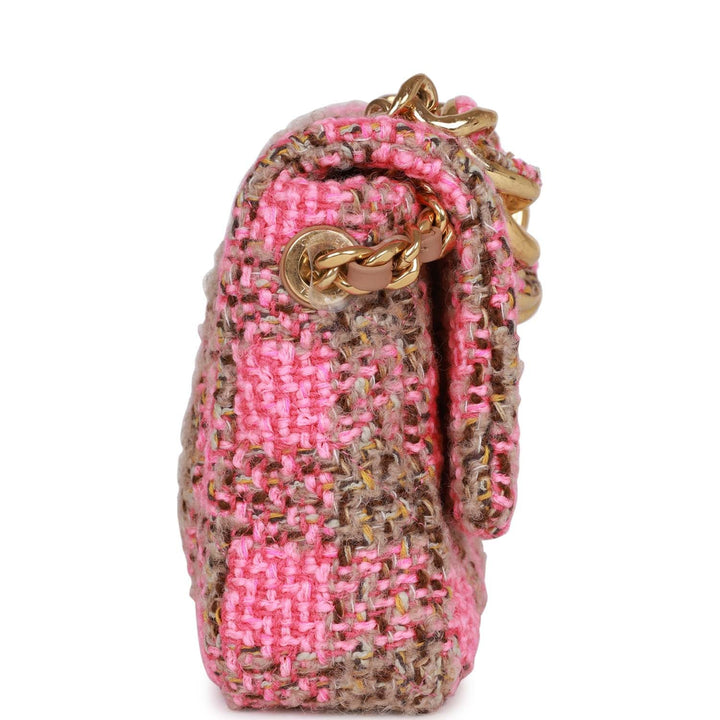 Top Quality Chanel Small Elegant Chain Flap Bag Pink and Beige Tweed Gold Hardware