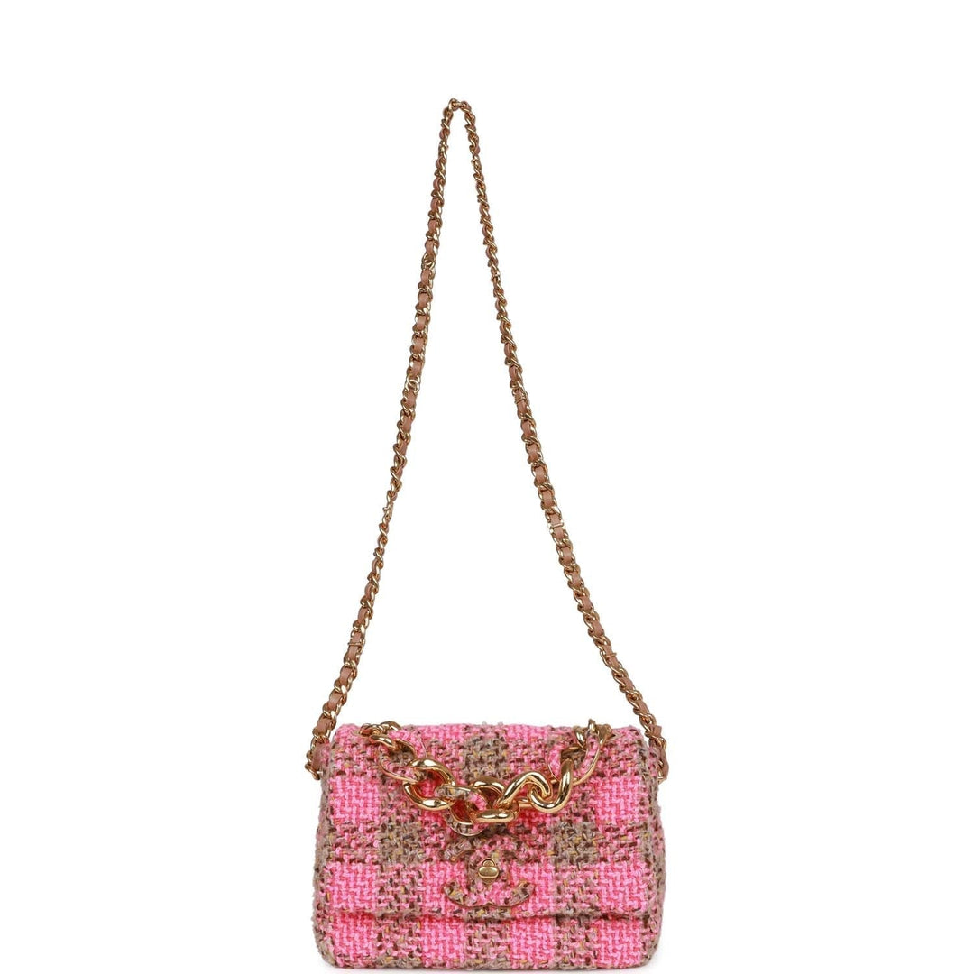 Top Quality Chanel Small Elegant Chain Flap Bag Pink and Beige Tweed Gold Hardware