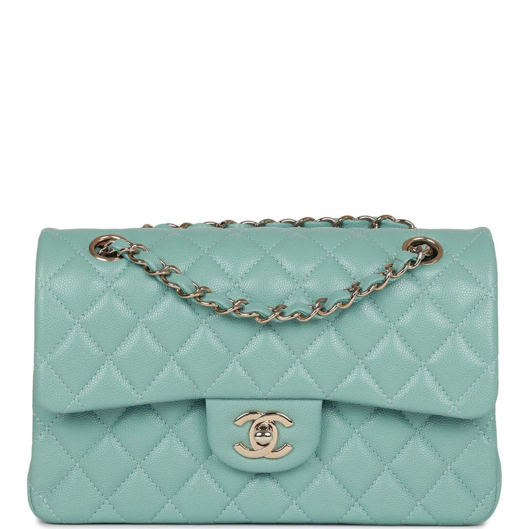 Top Quality Chanel Small Classic Double Flap Bag Tiffany Blue Caviar Light Gold Hardware