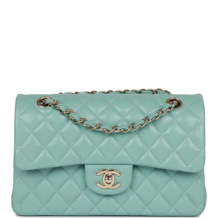 Top Quality Chanel Small Classic Double Flap Bag Tiffany Blue Caviar Light Gold Hardware