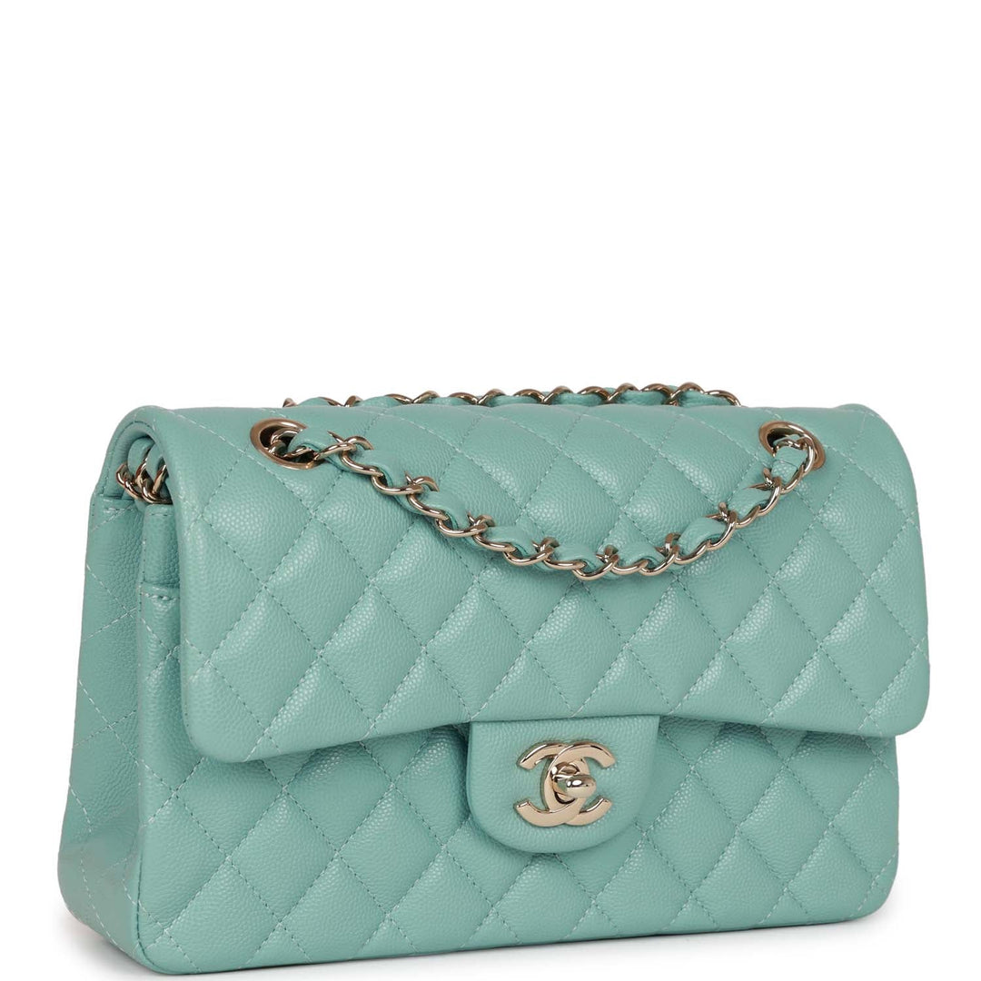 Top Quality Chanel Small Classic Double Flap Bag Tiffany Blue Caviar Light Gold Hardware
