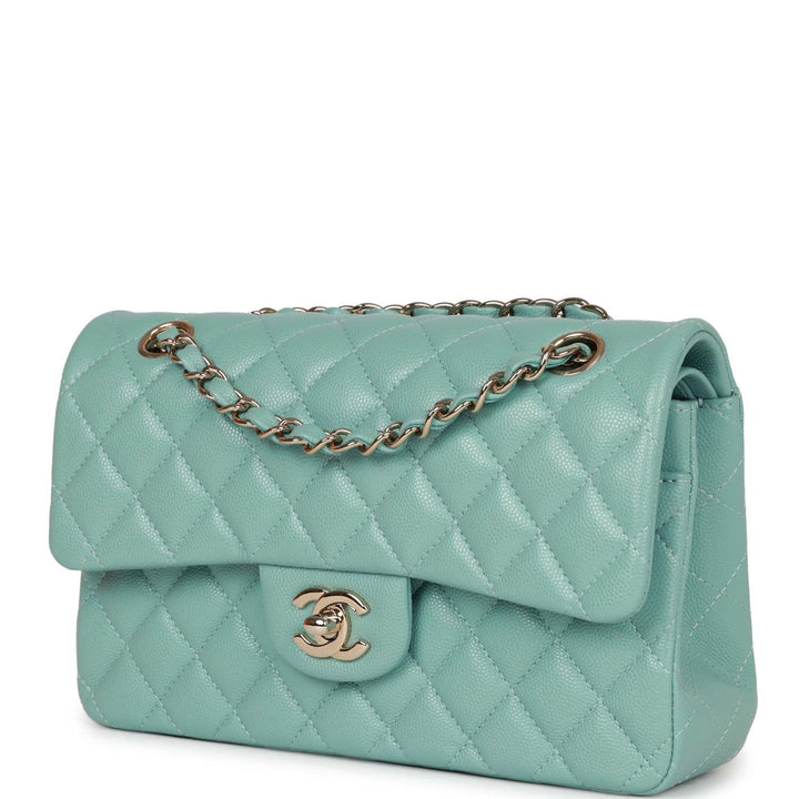 Top Quality Chanel Small Classic Double Flap Bag Tiffany Blue Caviar Light Gold Hardware