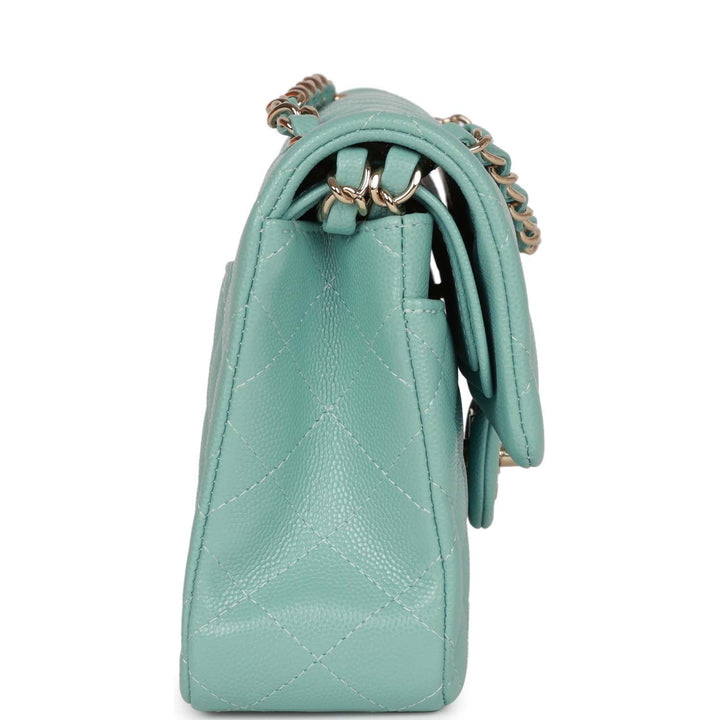 Top Quality Chanel Small Classic Double Flap Bag Tiffany Blue Caviar Light Gold Hardware