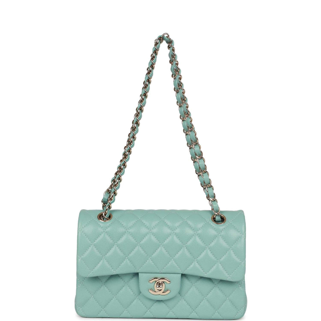 Top Quality Chanel Small Classic Double Flap Bag Tiffany Blue Caviar Light Gold Hardware