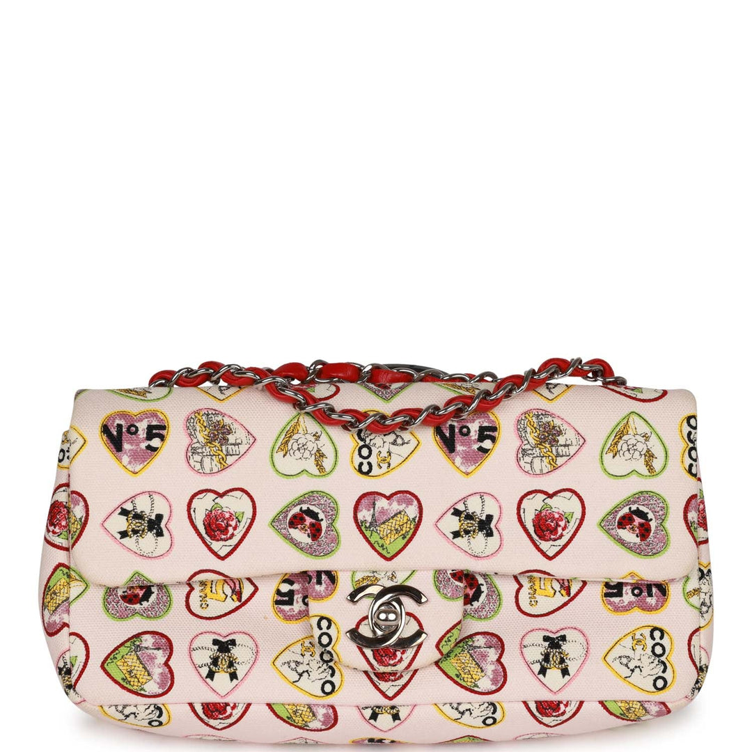 Top Quality Chanel Small Classic Coco Heart Motif Flap Bag Multicolor Canvas Silver Hardware