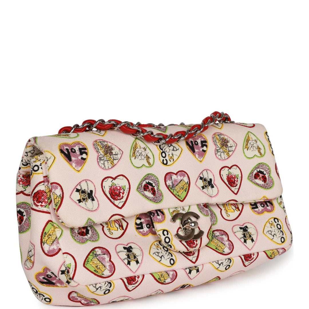 Top Quality Chanel Small Classic Coco Heart Motif Flap Bag Multicolor Canvas Silver Hardware