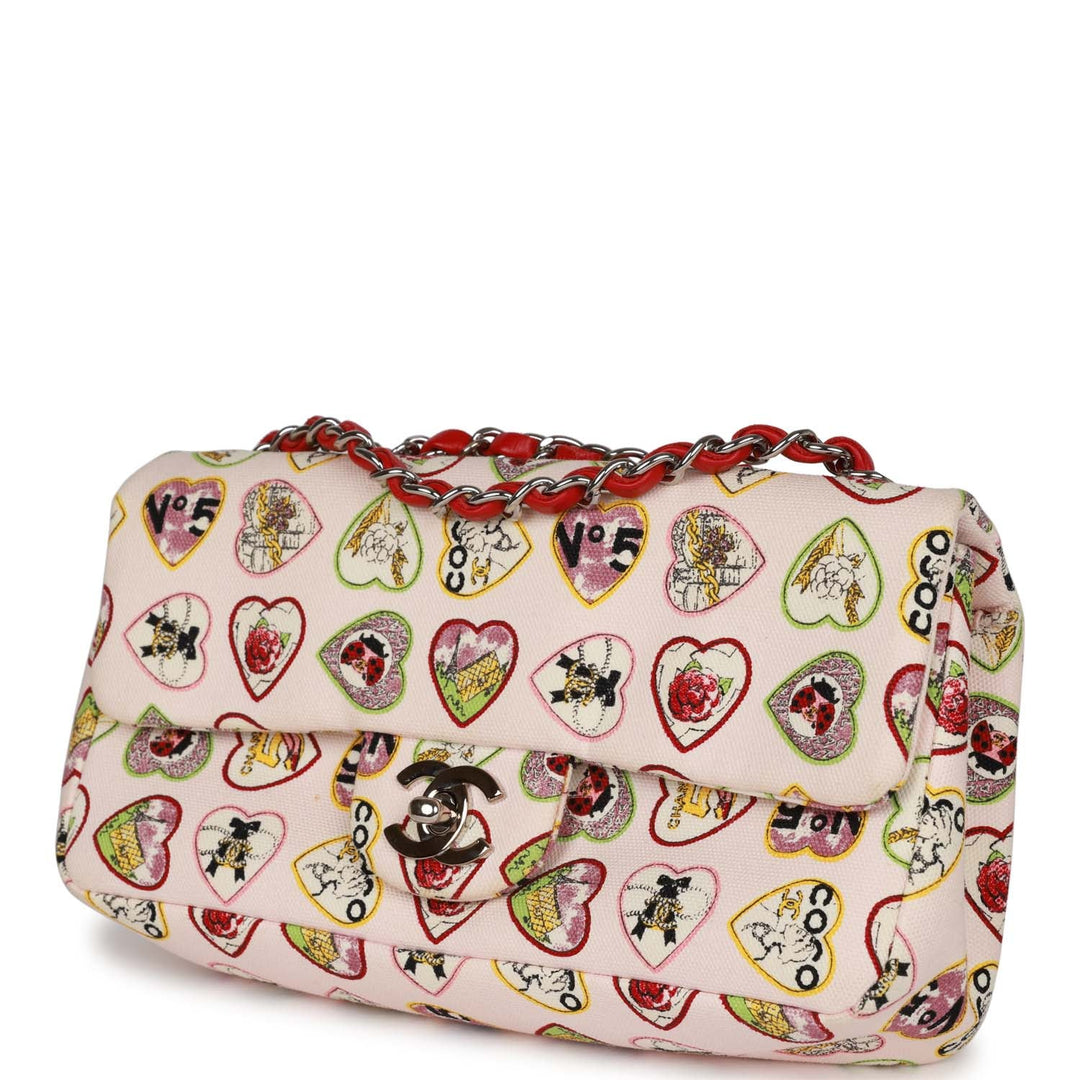 Top Quality Chanel Small Classic Coco Heart Motif Flap Bag Multicolor Canvas Silver Hardware