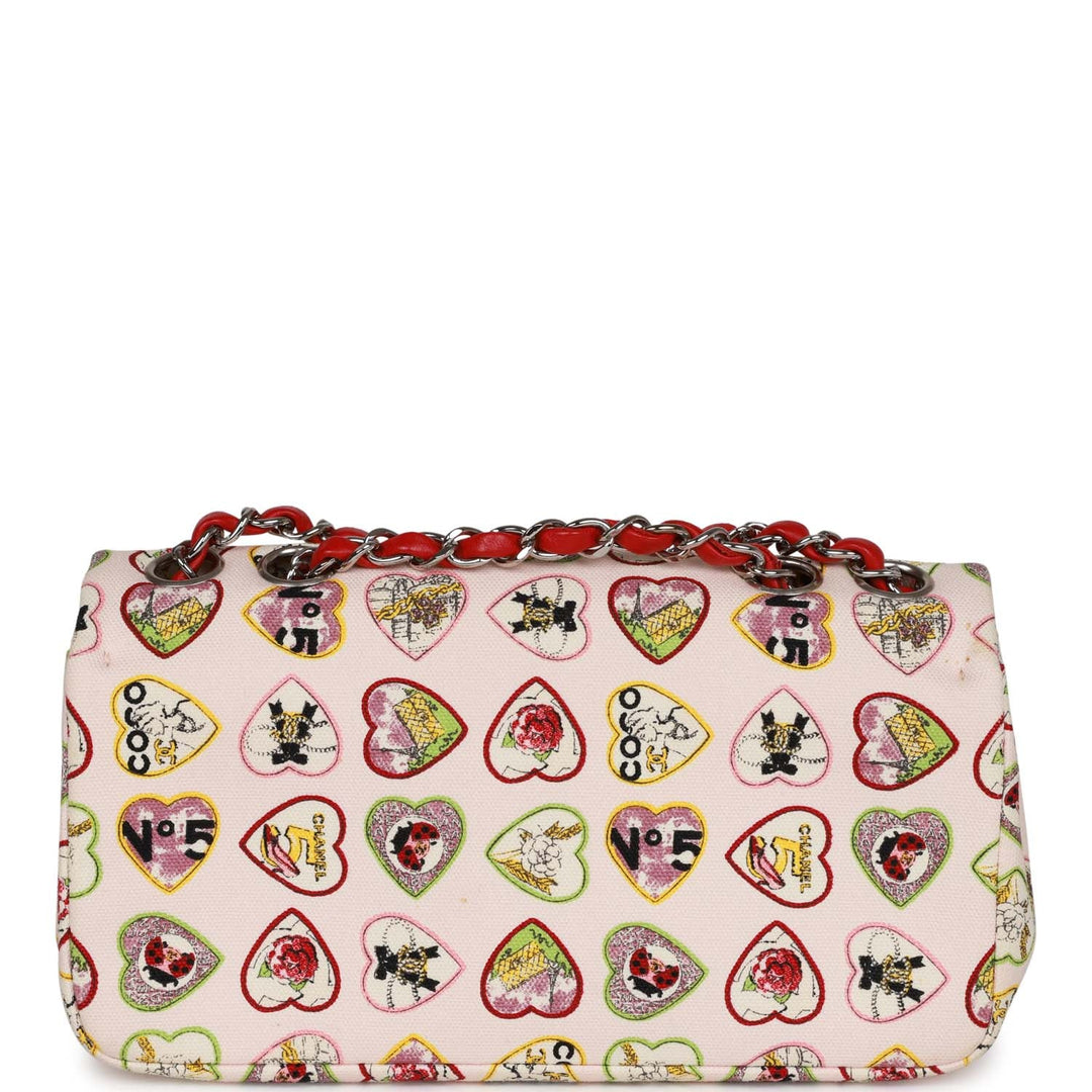 Top Quality Chanel Small Classic Coco Heart Motif Flap Bag Multicolor Canvas Silver Hardware