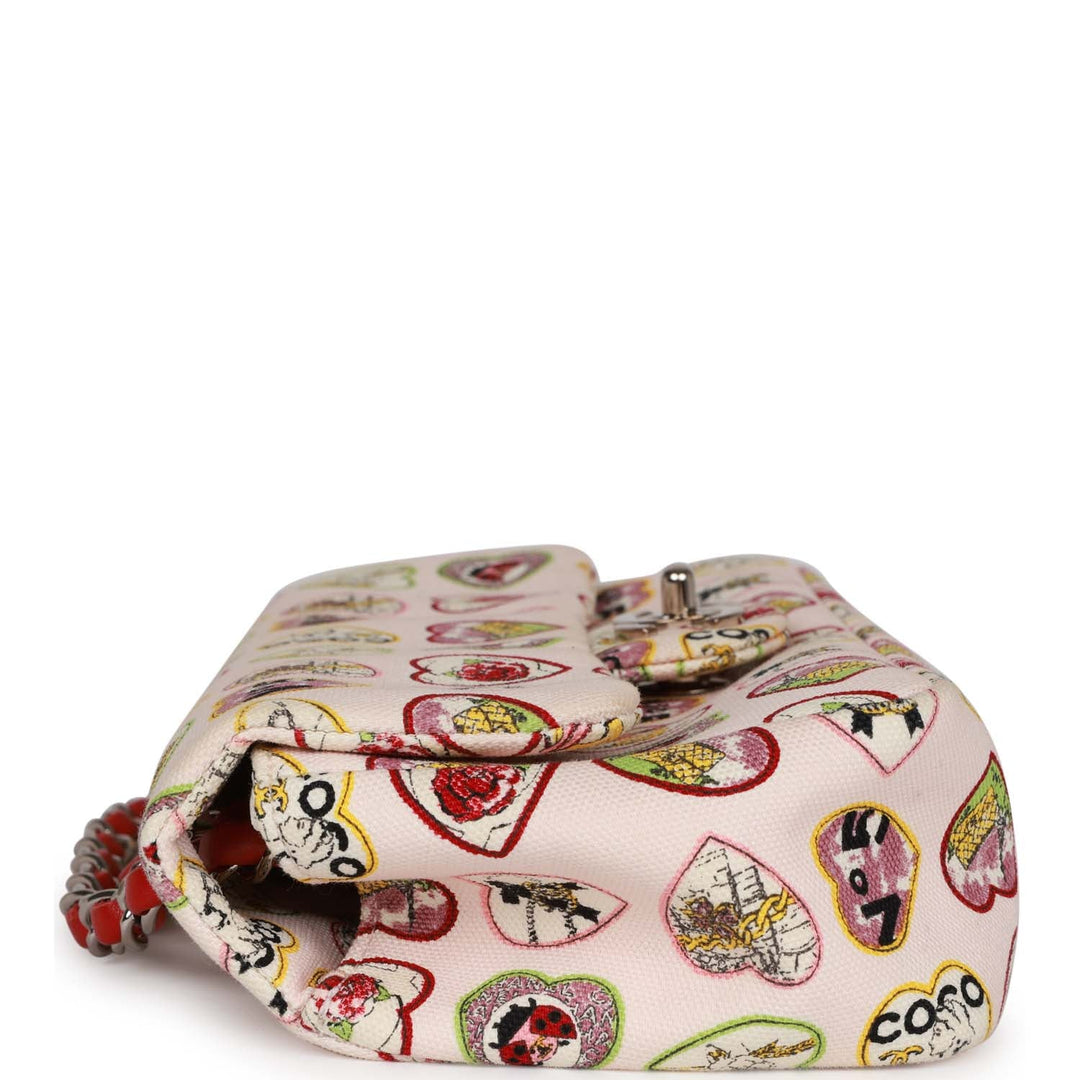 Top Quality Chanel Small Classic Coco Heart Motif Flap Bag Multicolor Canvas Silver Hardware