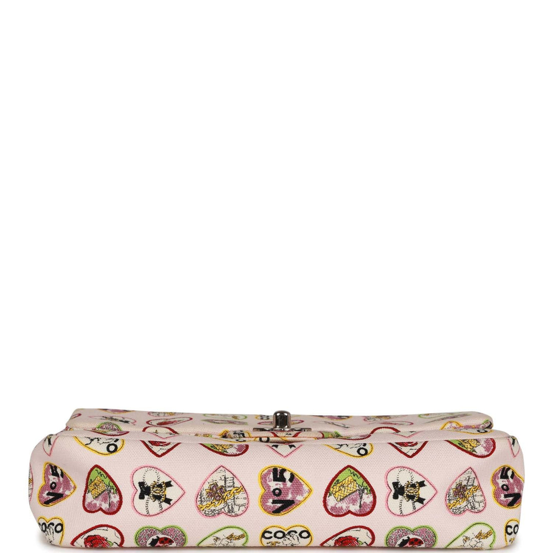 Top Quality Chanel Small Classic Coco Heart Motif Flap Bag Multicolor Canvas Silver Hardware