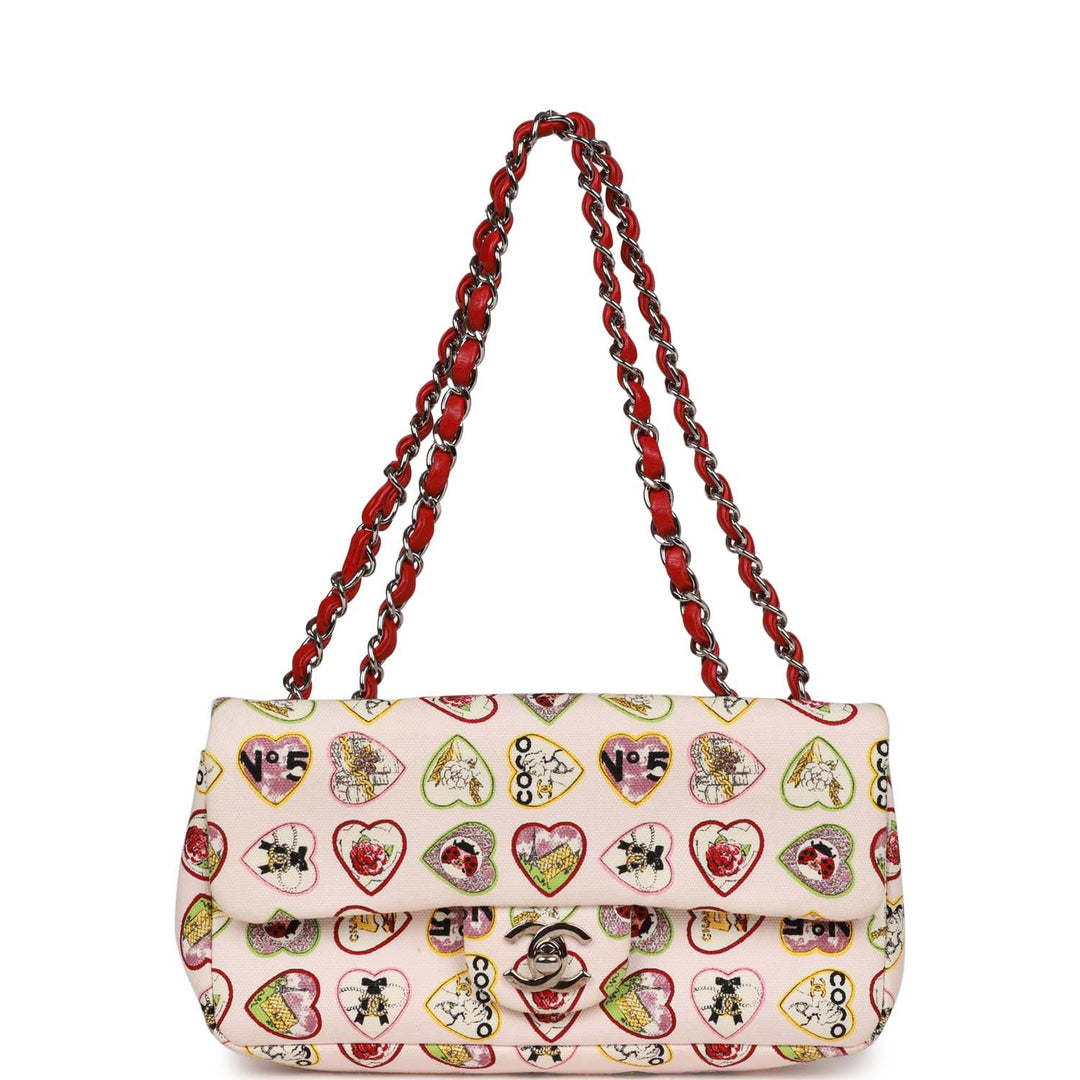 Top Quality Chanel Small Classic Coco Heart Motif Flap Bag Multicolor Canvas Silver Hardware