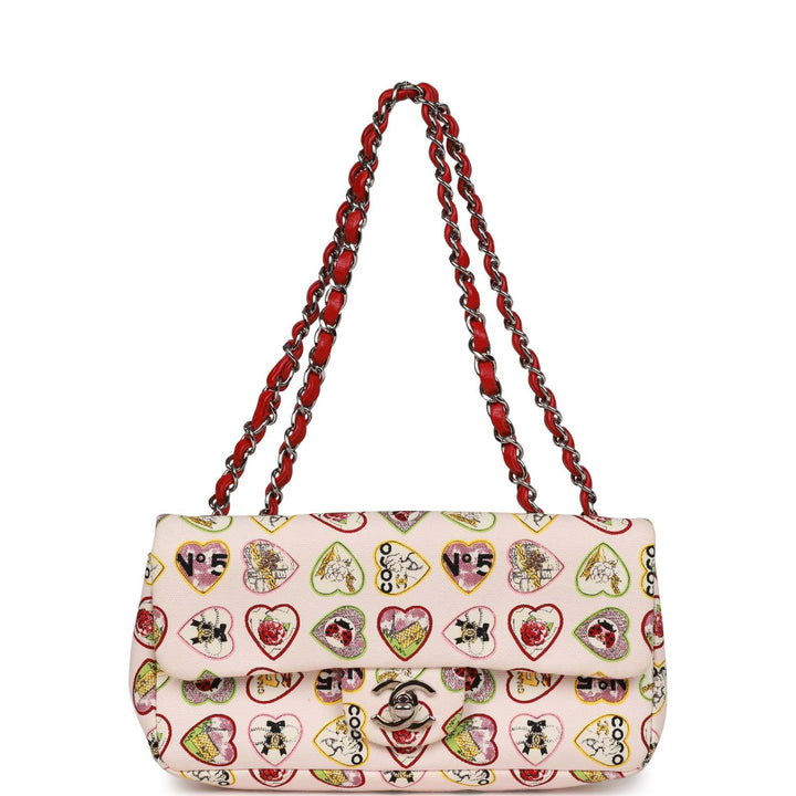 Top Quality Chanel Small Classic Coco Heart Motif Flap Bag Multicolor Canvas Silver Hardware