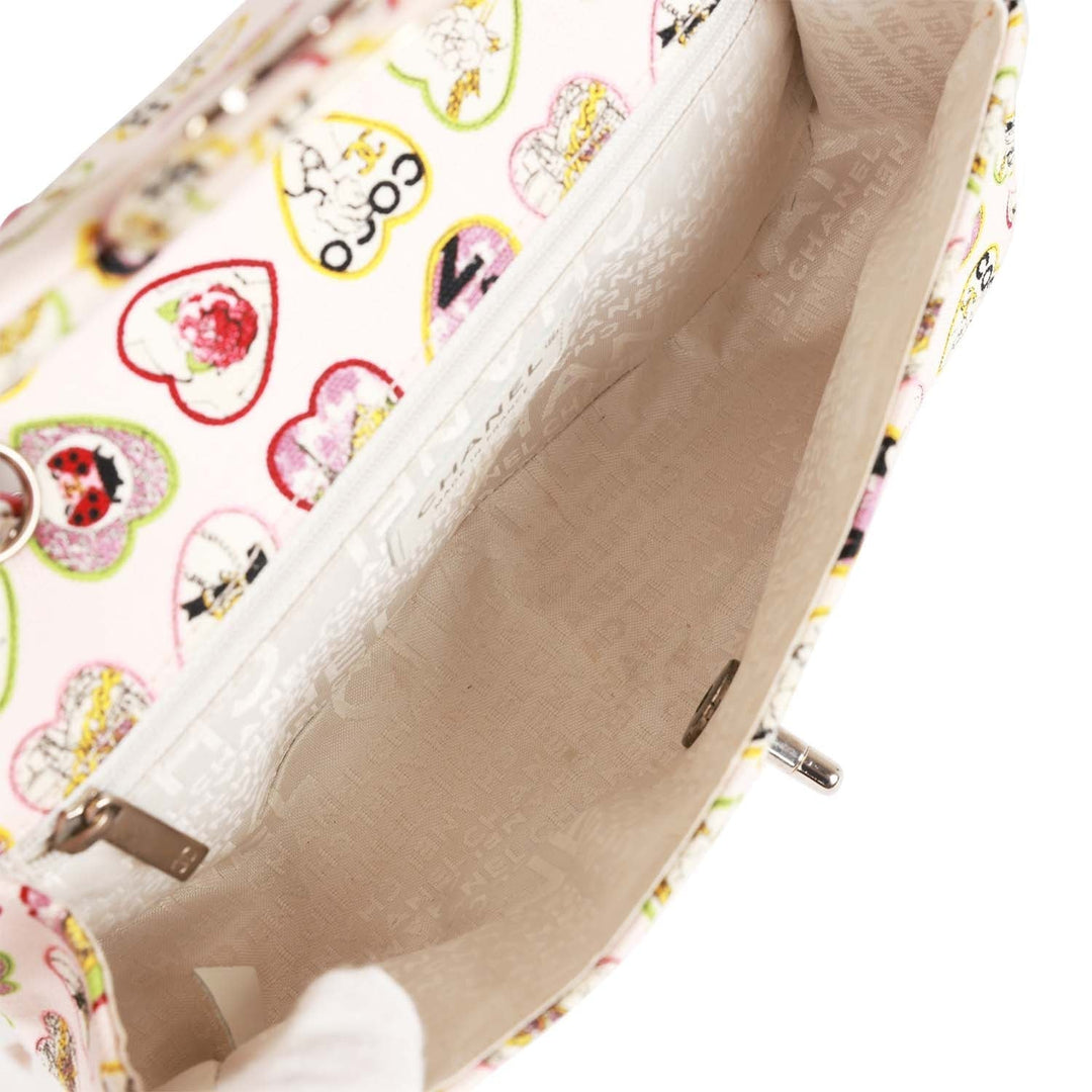 Top Quality Chanel Small Classic Coco Heart Motif Flap Bag Multicolor Canvas Silver Hardware