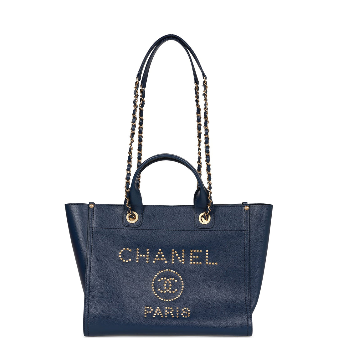 Top Quality Chanel Small Deauville Shopping Bag Blue Caviar Antique Gold Hardware