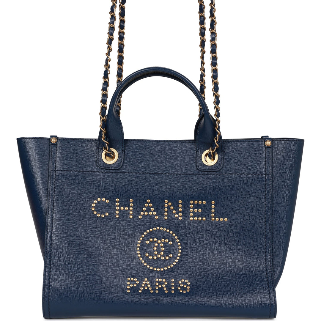 Top Quality Chanel Small Deauville Shopping Bag Blue Caviar Antique Gold Hardware