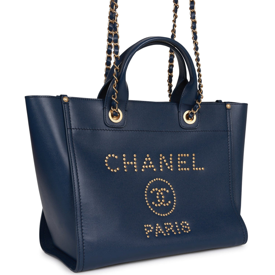 Top Quality Chanel Small Deauville Shopping Bag Blue Caviar Antique Gold Hardware