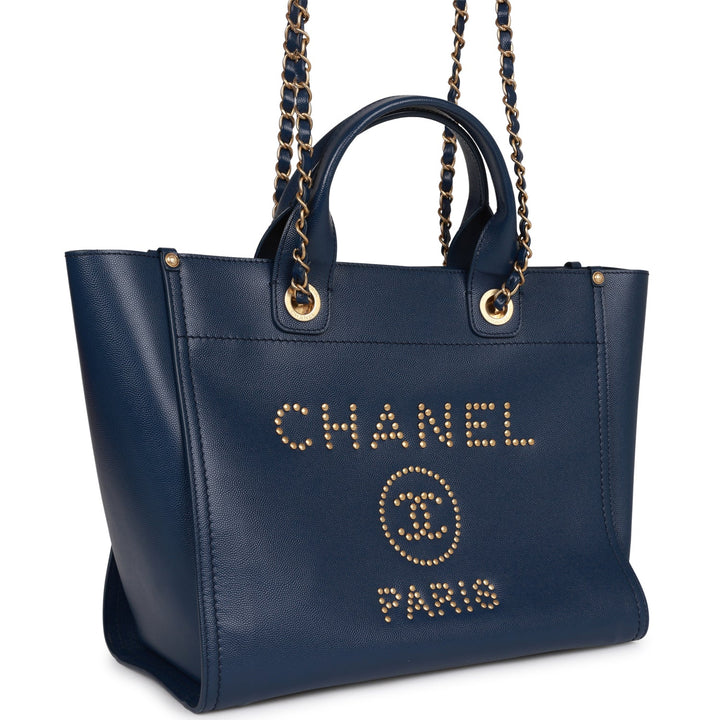 Top Quality Chanel Small Deauville Shopping Bag Blue Caviar Antique Gold Hardware