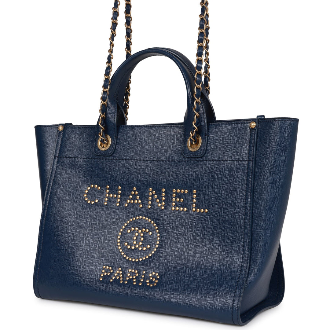 Top Quality Chanel Small Deauville Shopping Bag Blue Caviar Antique Gold Hardware