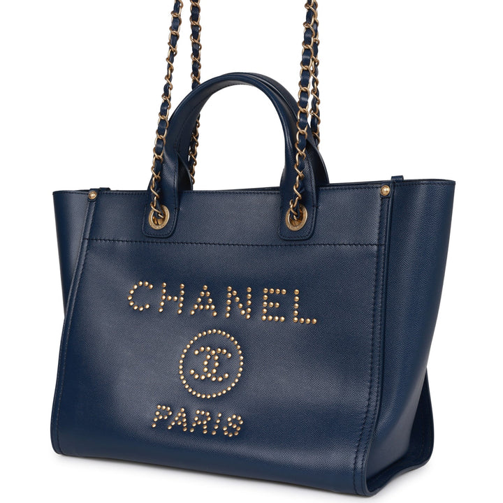 Top Quality Chanel Small Deauville Shopping Bag Blue Caviar Antique Gold Hardware
