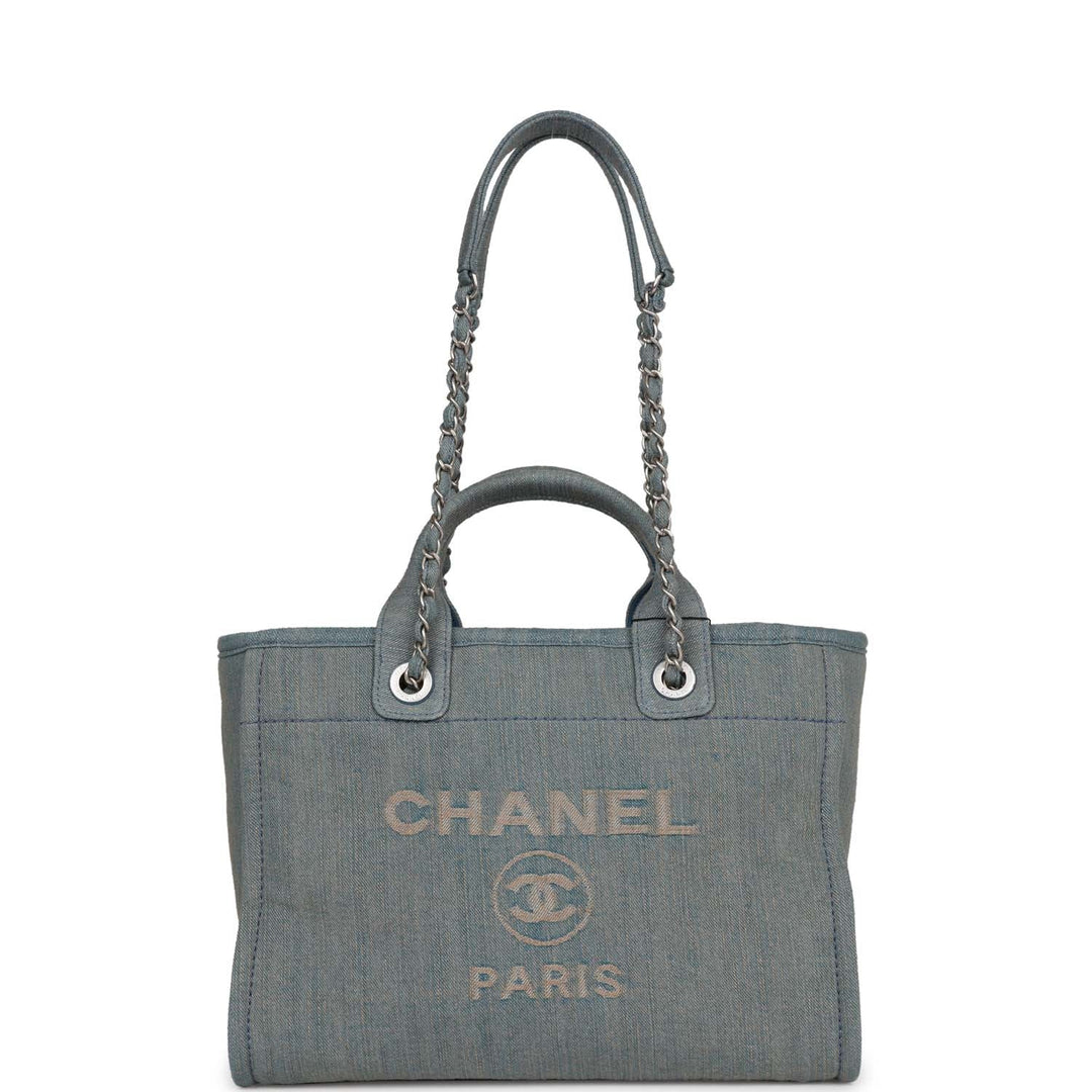 Top Quality Chanel Small Deauville Shopping Bag Distressed Blue Denim Aged Silver Hardware