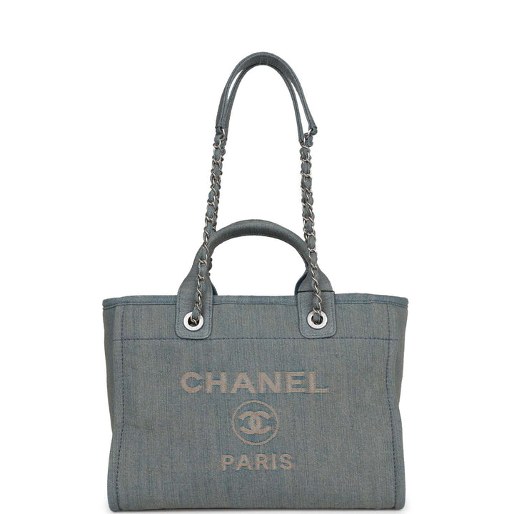 Top Quality Chanel Small Deauville Shopping Bag Distressed Blue Denim Aged Silver Hardware