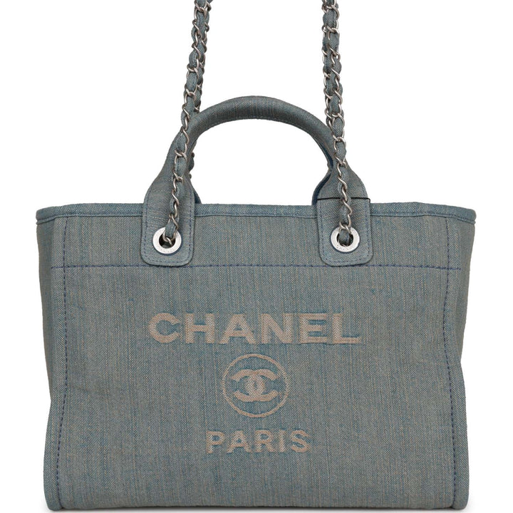 Top Quality Chanel Small Deauville Shopping Bag Distressed Blue Denim Aged Silver Hardware