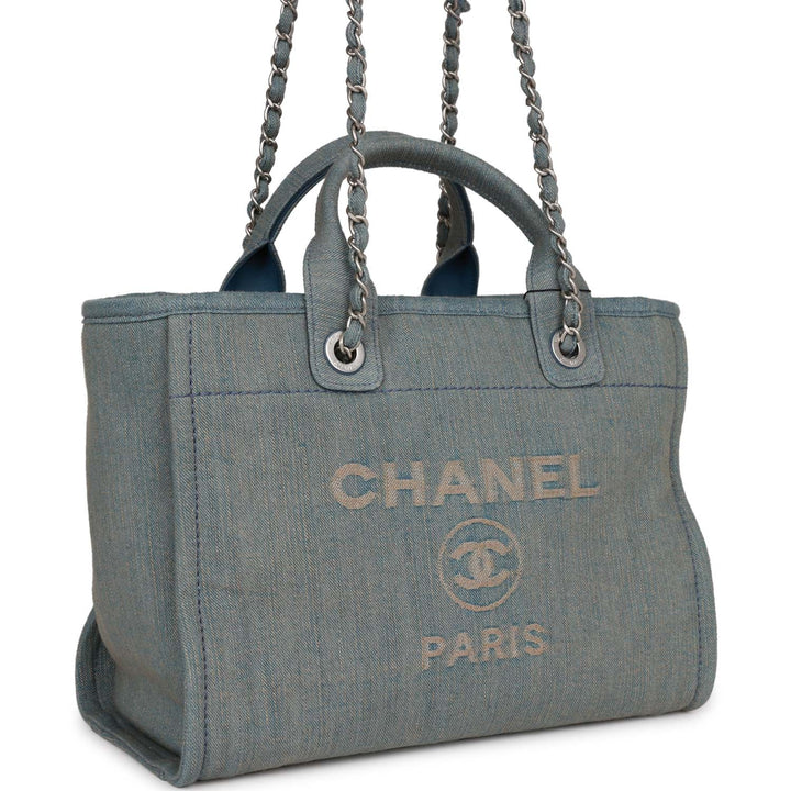 Top Quality Chanel Small Deauville Shopping Bag Distressed Blue Denim Aged Silver Hardware