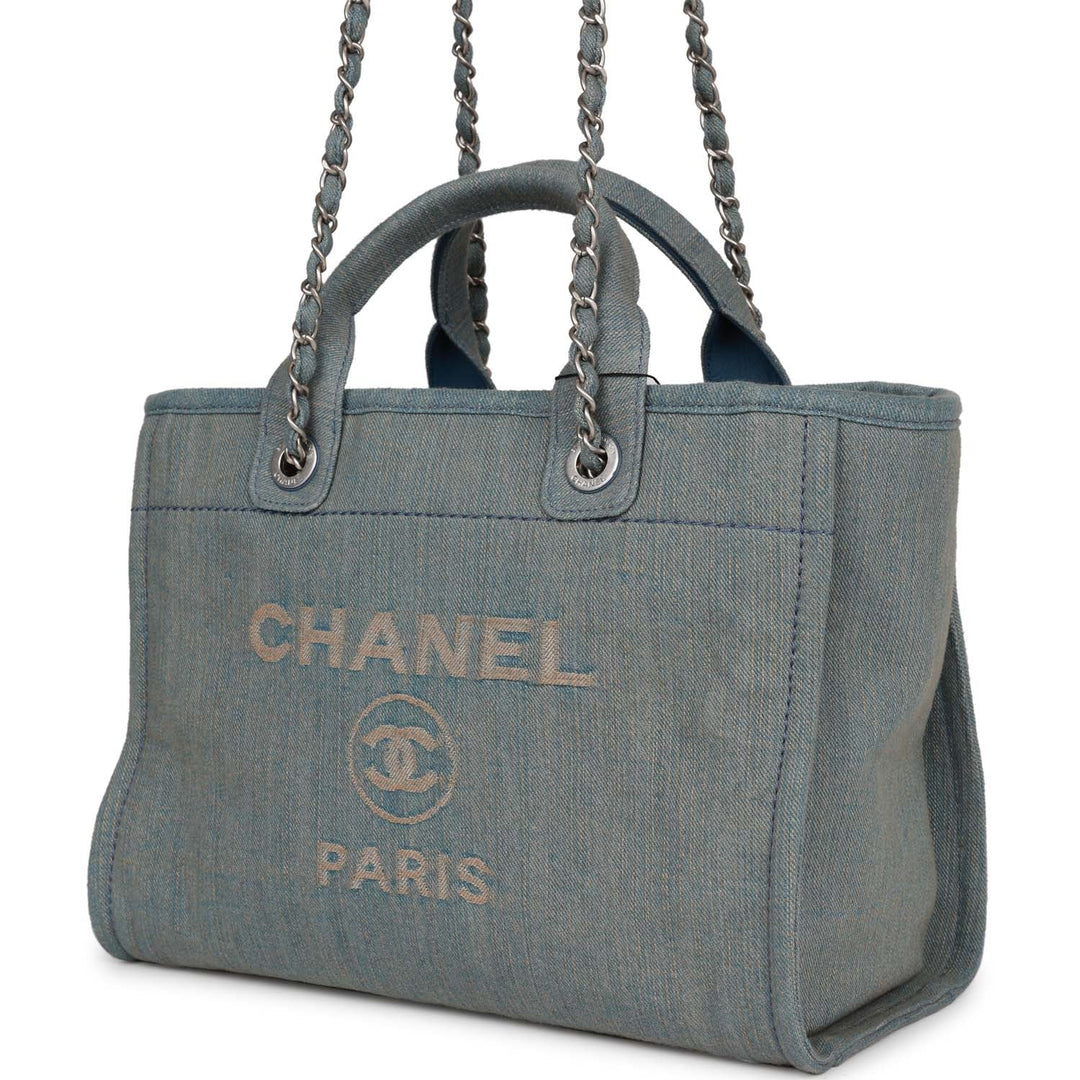 Top Quality Chanel Small Deauville Shopping Bag Distressed Blue Denim Aged Silver Hardware