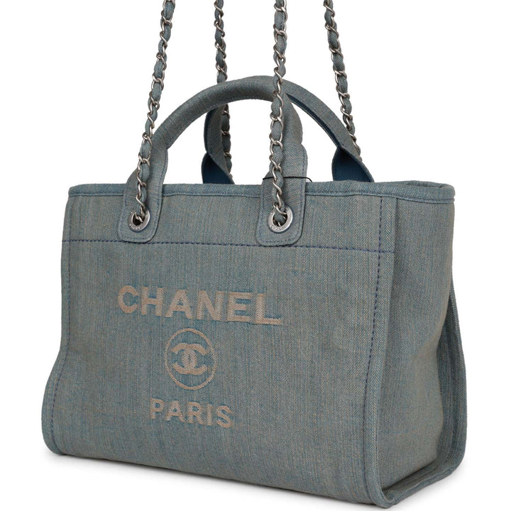 Top Quality Chanel Small Deauville Shopping Bag Distressed Blue Denim Aged Silver Hardware
