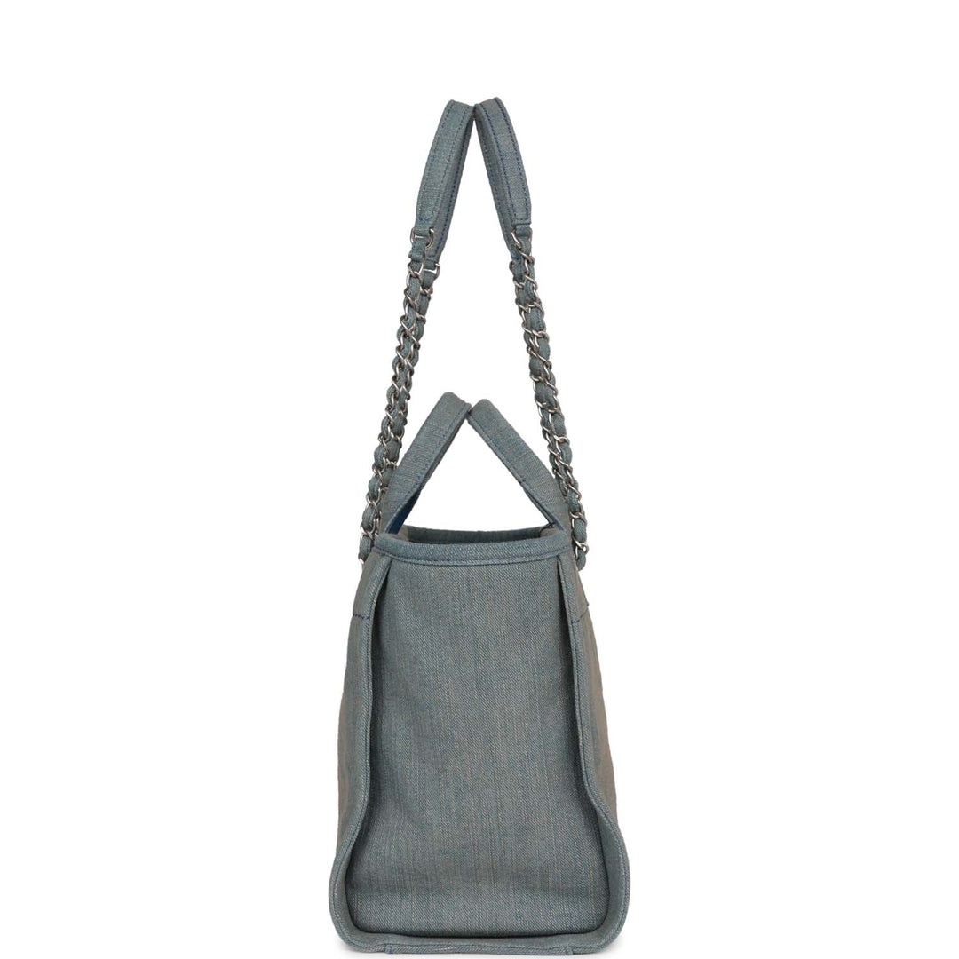 Top Quality Chanel Small Deauville Shopping Bag Distressed Blue Denim Aged Silver Hardware